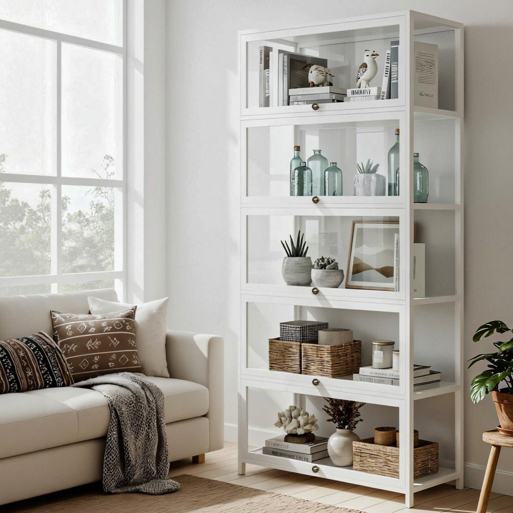 Artiss 5-Tier Display Cabinet Storage Bookshelf Clear Shelf White Awezingly