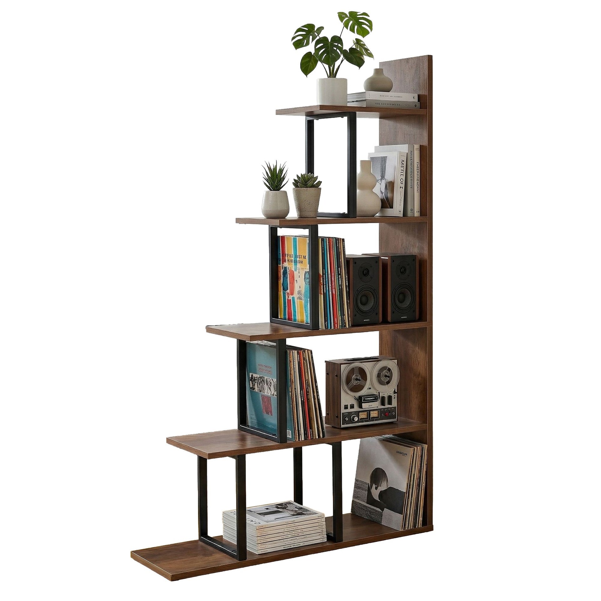 Artiss 5 Tiers Bookshelf Ladder Corner Shelf Bookcase Walnut Awezingly
