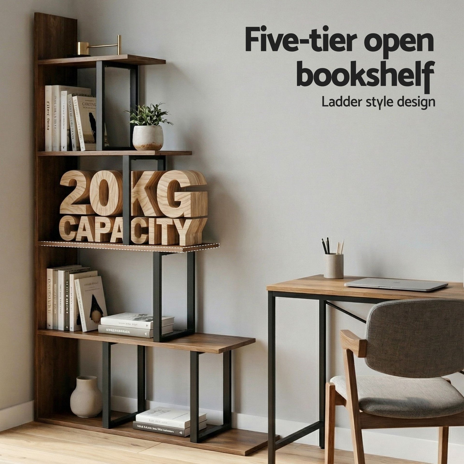 Artiss 5 Tiers Bookshelf Ladder Corner Shelf Bookcase Walnut Awezingly