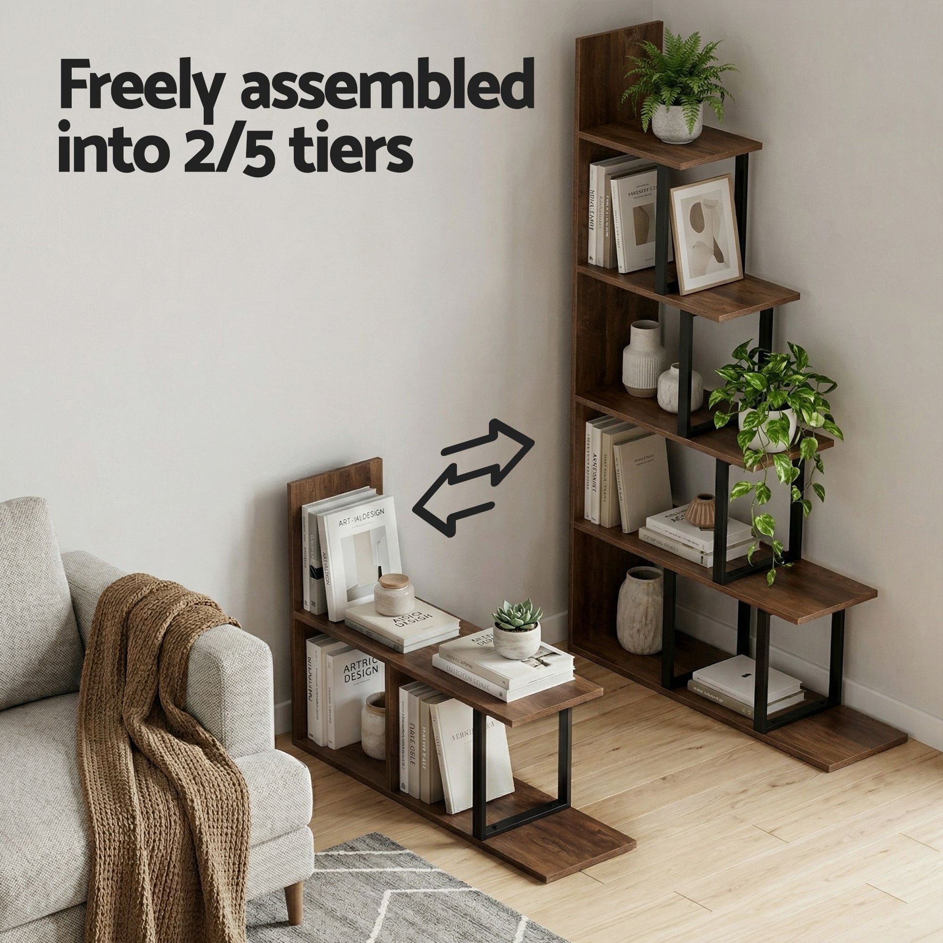 Artiss 5 Tiers Bookshelf Ladder Corner Shelf Bookcase Walnut Awezingly