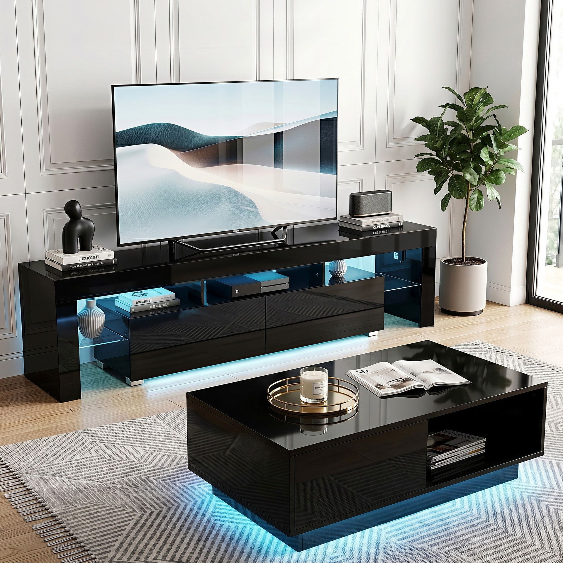 Artiss LED TV Unit & Coffee Table Set Storage Cabinet Black Awezingly