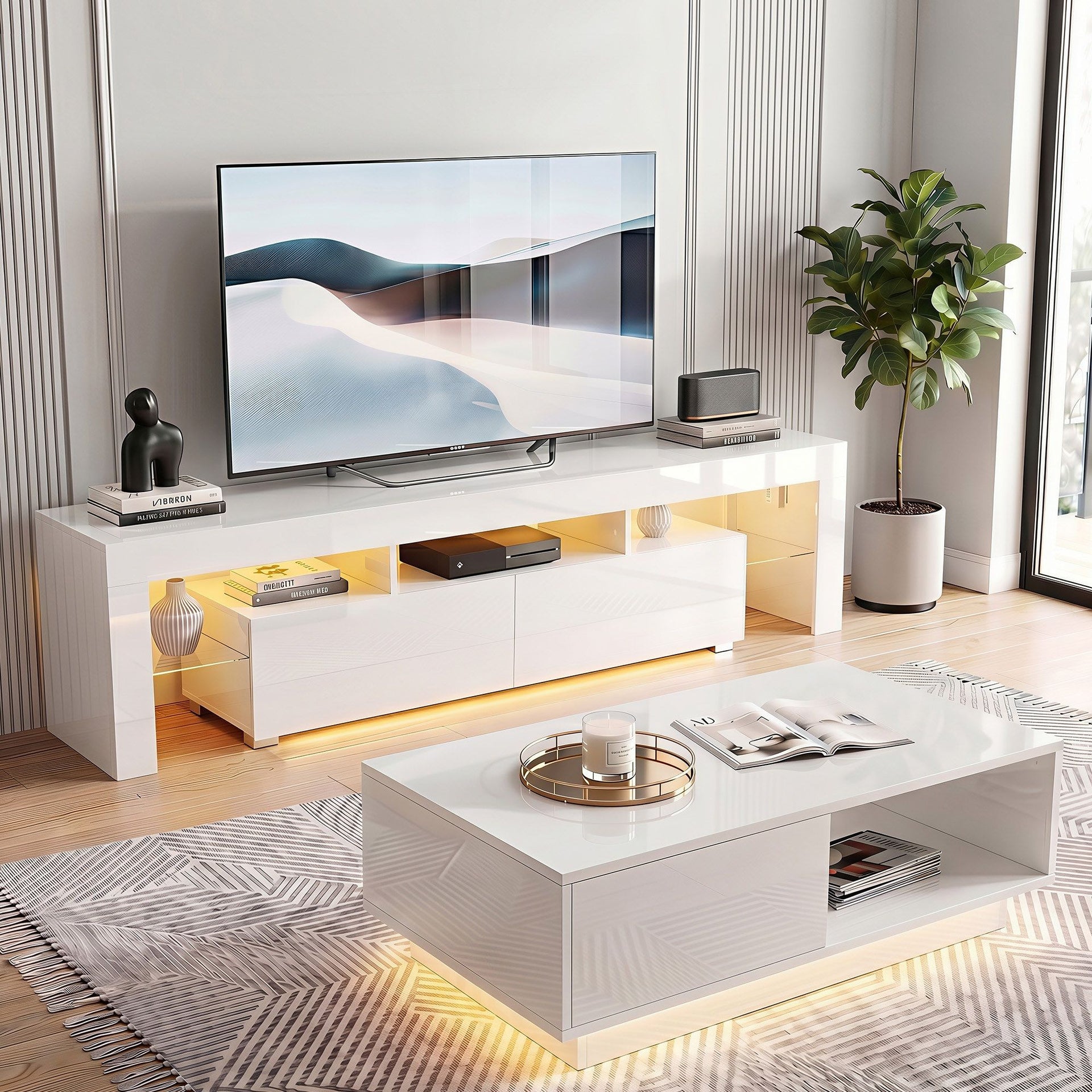 Artiss LED TV Unit & Coffee Table Set Storage Cabinet White Awezingly