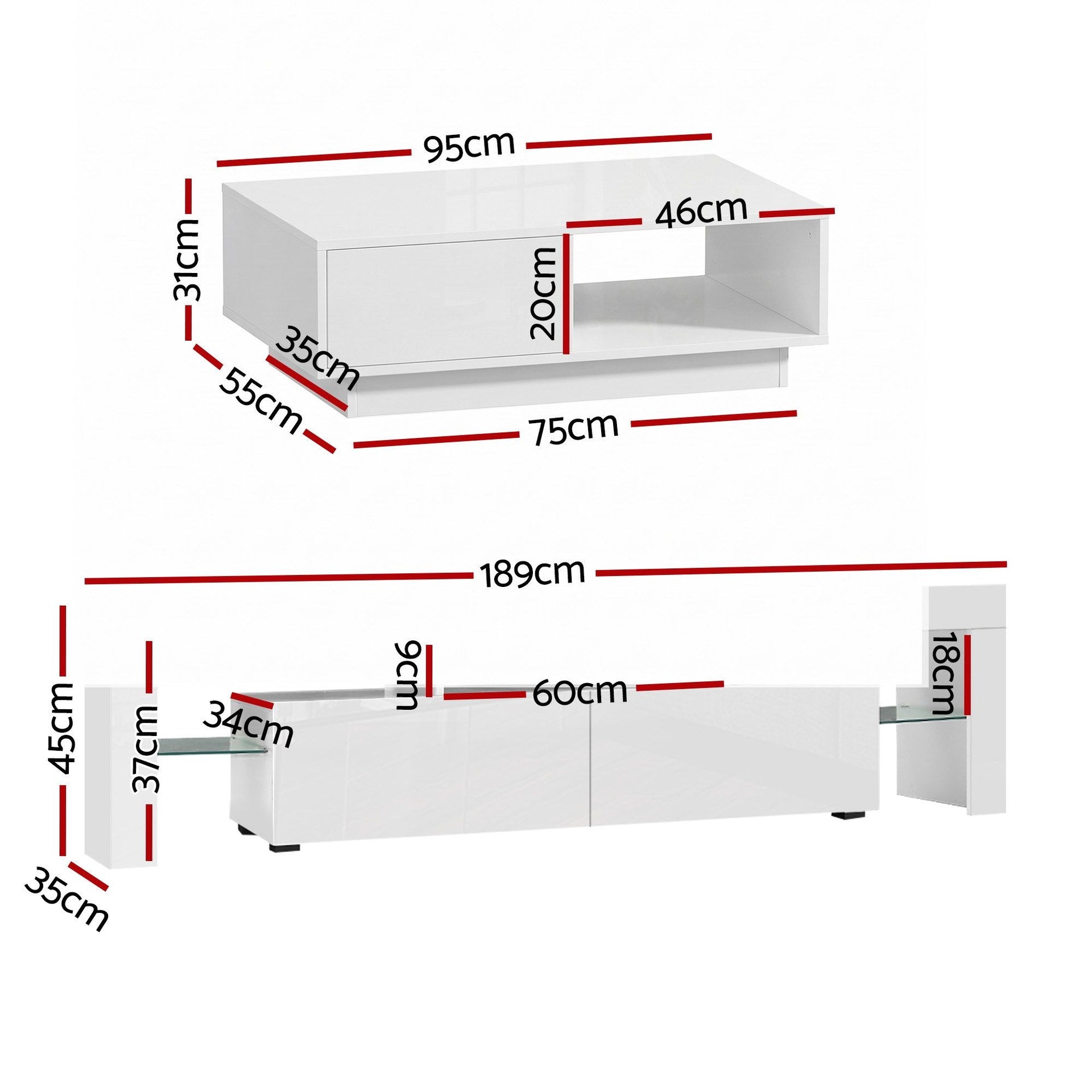 Artiss LED TV Unit & Coffee Table Set Storage Cabinet White Awezingly