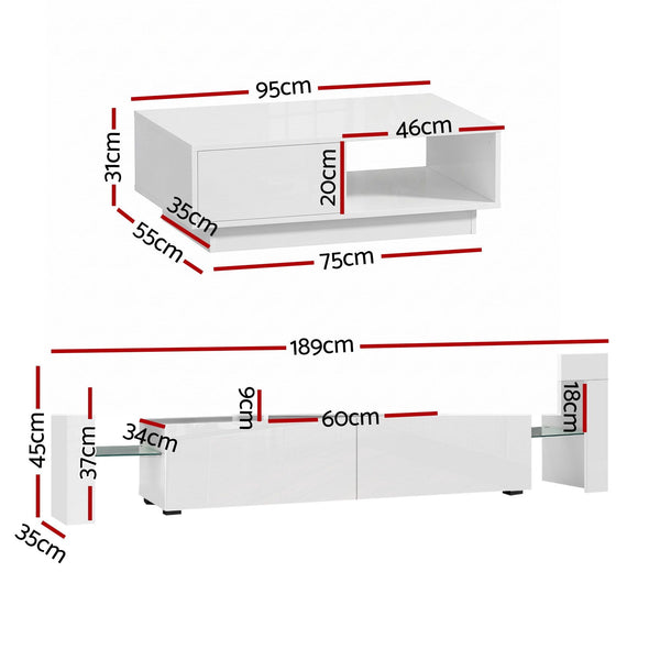 Artiss LED TV Unit & Coffee Table Set Storage Cabinet White Awezingly