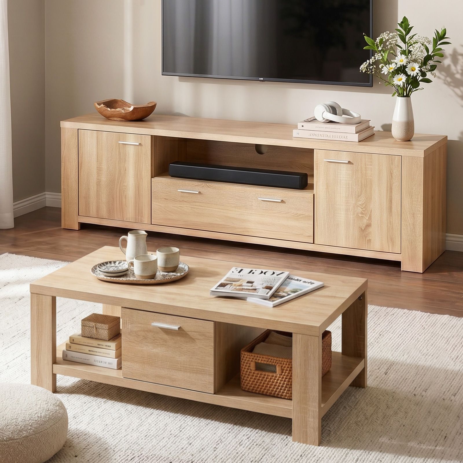Artiss TV Unit & Coffee Table Set Storage Drawer Pine Awezingly