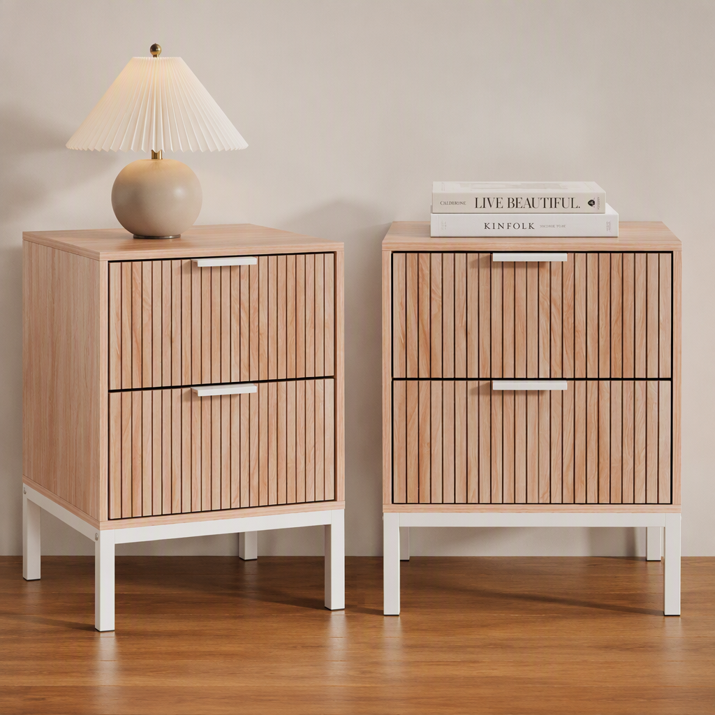 Artiss 2X Bedside Table 2 Drawers Storage Nightstand Cabinet Metal Legs Pine Awezingly