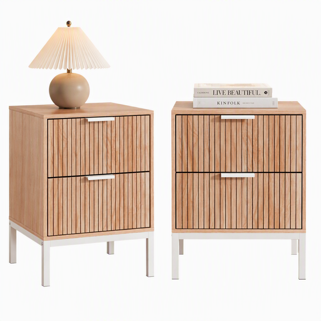 Artiss 2X Bedside Table 2 Drawers Storage Nightstand Cabinet Metal Legs Pine Awezingly