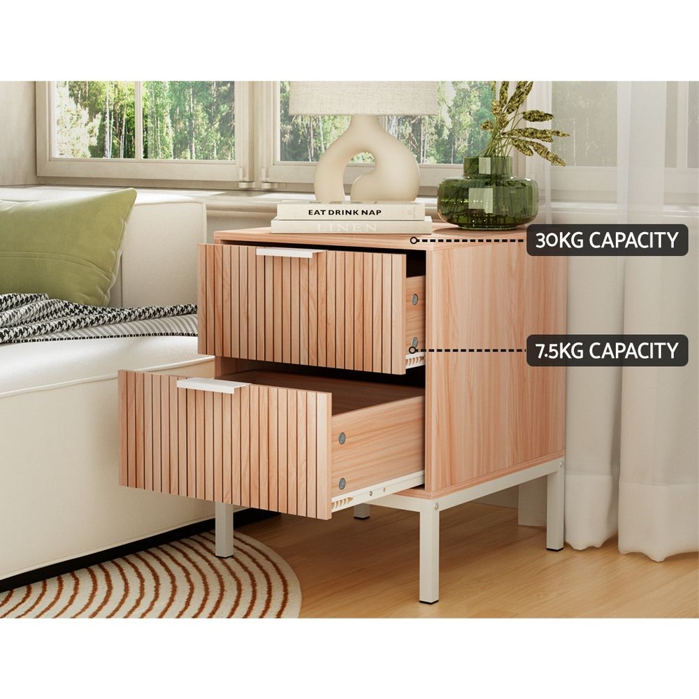 Artiss 2X Bedside Table 2 Drawers Storage Nightstand Cabinet Metal Legs Pine Awezingly