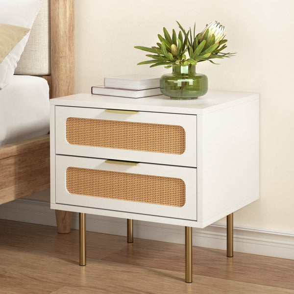 Artiss Rattan Bedside Table 2 Drawers Pine Awezingly