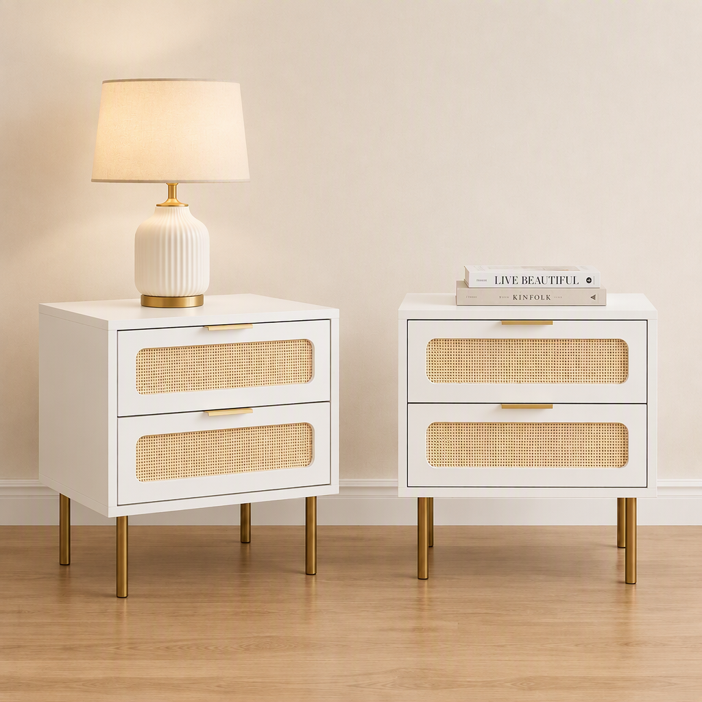 Artiss 2x Rattan Bedside Table 2 Drawers White Awezingly