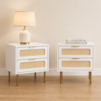 Artiss 2x Rattan Bedside Table 2 Drawers White