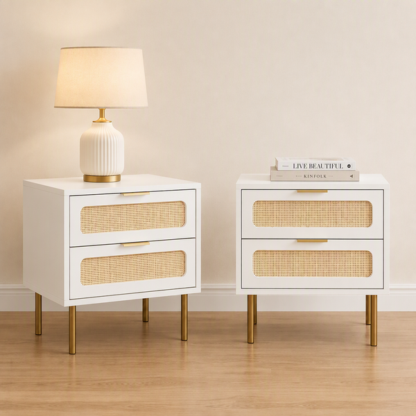 Artiss 2x Rattan Bedside Table 2 Drawers White Awezingly