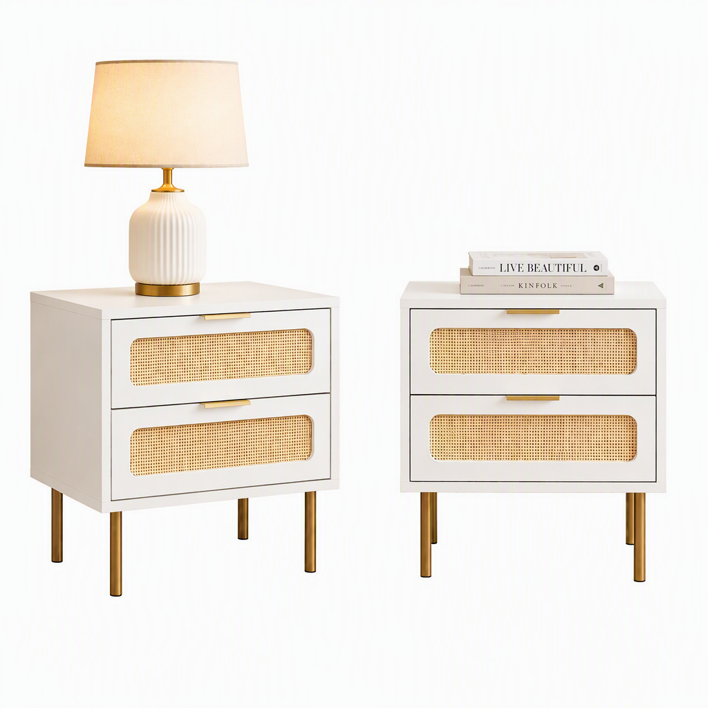Artiss 2x Rattan Bedside Table 2 Drawers White Awezingly