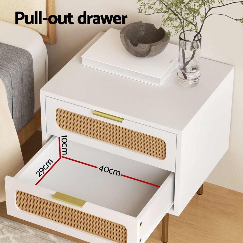 Artiss 2x Rattan Bedside Table 2 Drawers White Awezingly