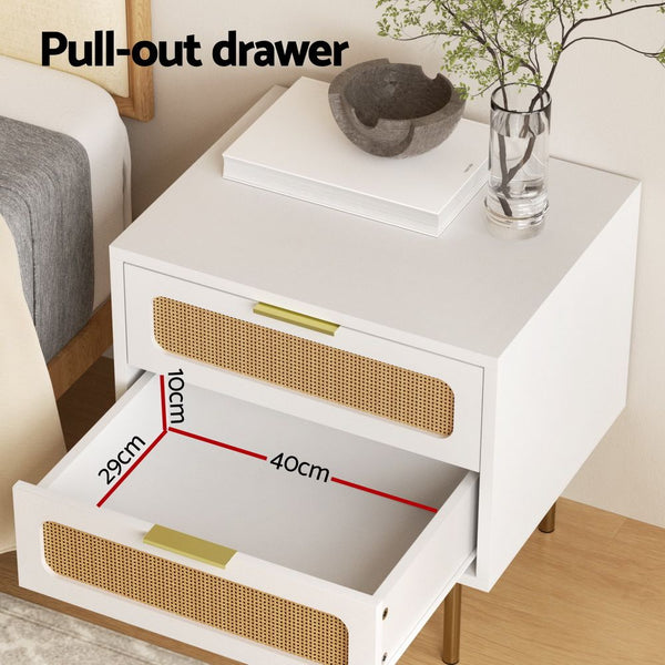 Artiss 2x Rattan Bedside Table 2 Drawers White Awezingly