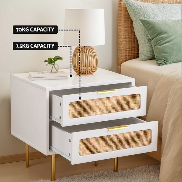 Artiss 2x Rattan Bedside Table 2 Drawers White Awezingly