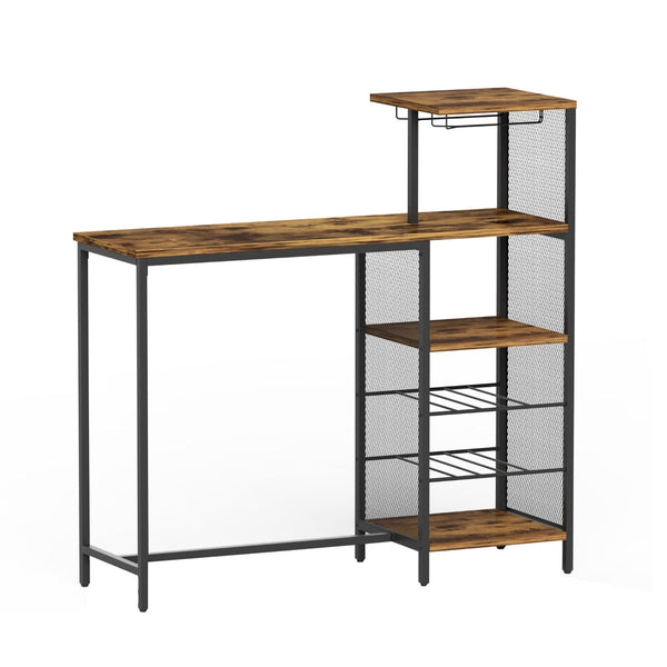 Artiss Industrial Bar Table with Wine Rack Cup Holder Multi-Level Storage 122cm Walnut Awezingly
