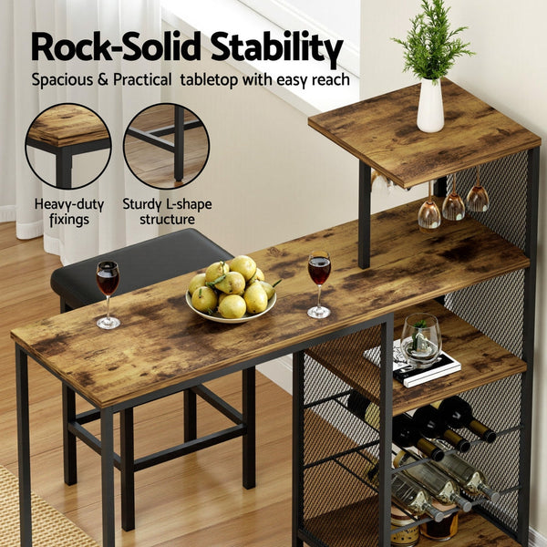 Artiss Industrial Bar Table with Wine Rack Cup Holder Multi-Level Storage 122cm Walnut Awezingly