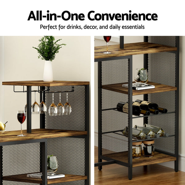 Artiss Industrial Bar Table with Wine Rack Cup Holder Multi-Level Storage 122cm Walnut Awezingly