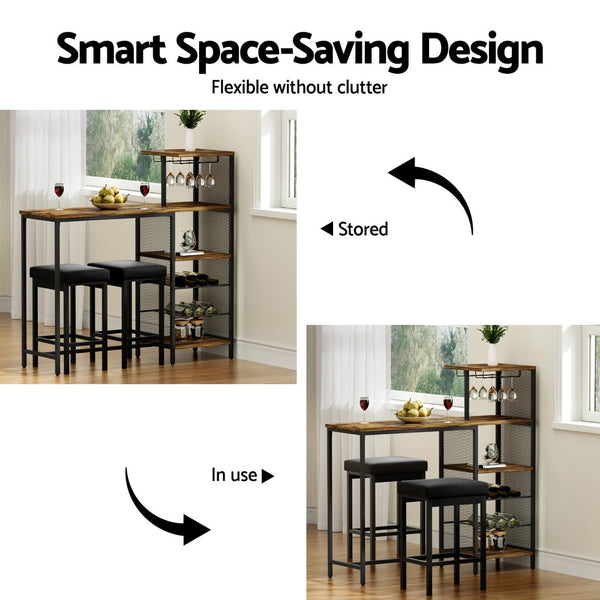 Artiss Industrial Bar Table with Wine Rack Cup Holder Multi-Level Storage 122cm Walnut Awezingly