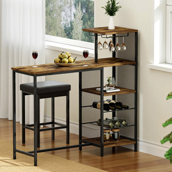 Artiss Industrial Bar Table with Wine Rack Cup Holder Multi-Level Storage 122cm Walnut Awezingly