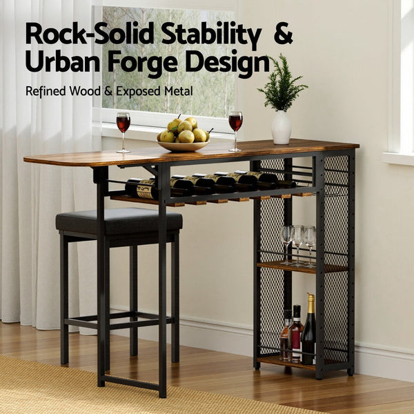 Artiss Industrial Bar Table with Wine Rack Built-in Cup Holder Extendable 140cm Awezingly