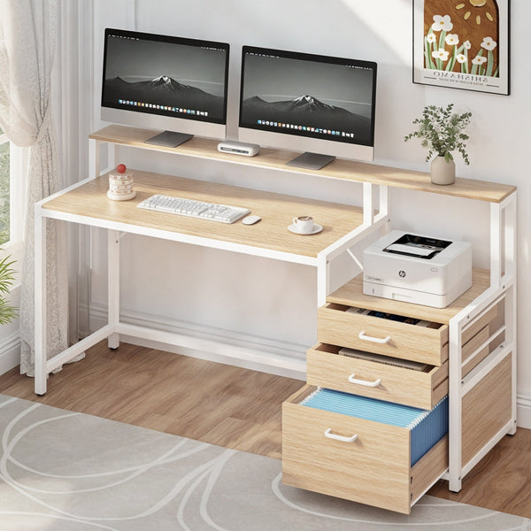 Artiss Computer Desk Home Office Study Table Desks w/Drawers Open Shelf Oak 160CM Awezingly