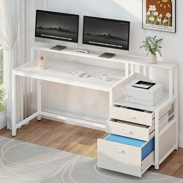 Artiss Computer Desk Home Office Study Table Desks w/Drawers Open Shelf White 160CM Awezingly