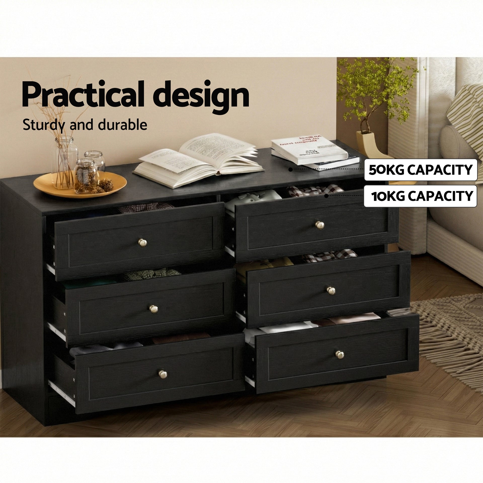 Artiss 6 Chest of Drawers Tallboy Cabinet - LEIF Black Awezingly
