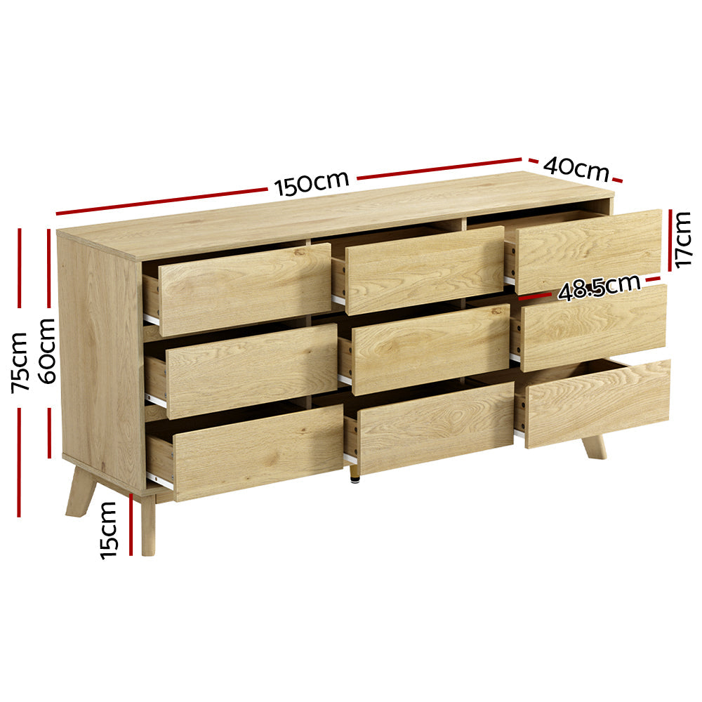 Artiss 9 Chest of Drawers Cabinet Dresser Table Tallboy Storage Bedroom Oak Artiss