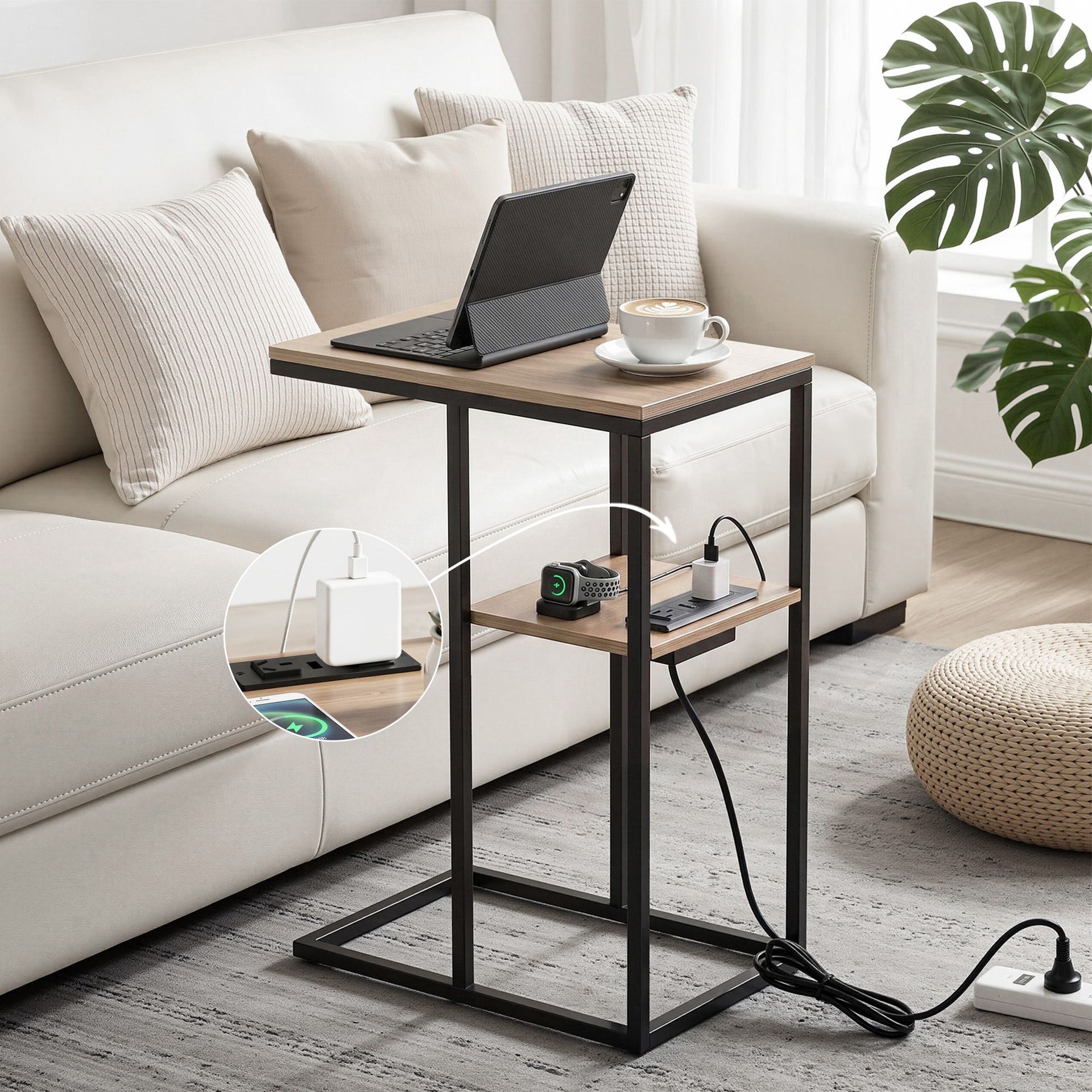 Artiss C-Shaped End Table Charging Station 2-Tier Side Coffee Table Bedside Wood Artiss