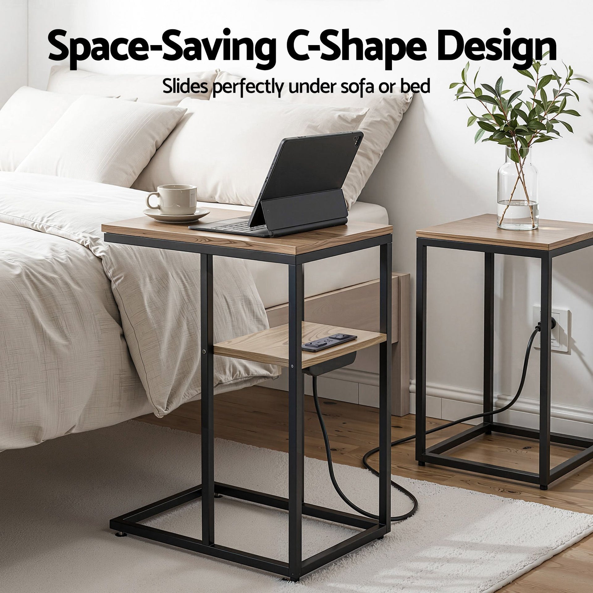 Artiss C-Shaped End Table Charging Station 2-Tier Side Coffee Table Bedside Wood Artiss