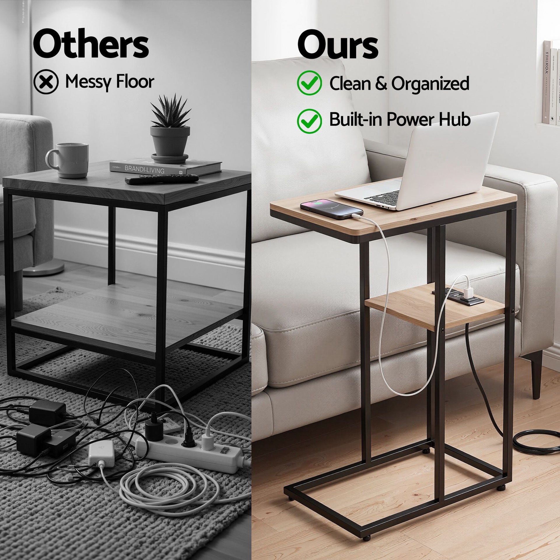Artiss C-Shaped End Table Charging Station 2-Tier Side Coffee Table Bedside Wood Artiss