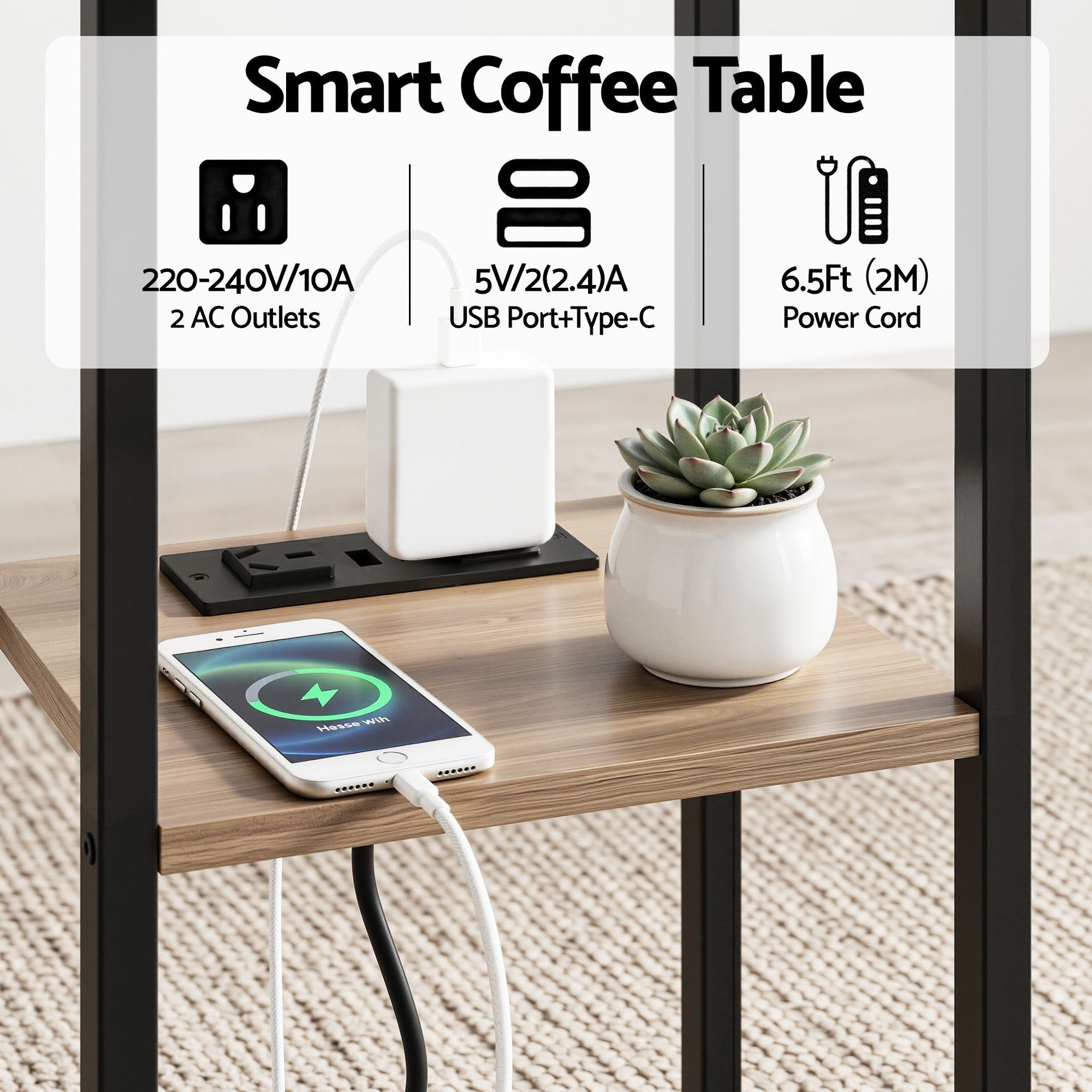 Artiss C-Shaped End Table Charging Station 2-Tier Side Coffee Table Bedside Wood Artiss