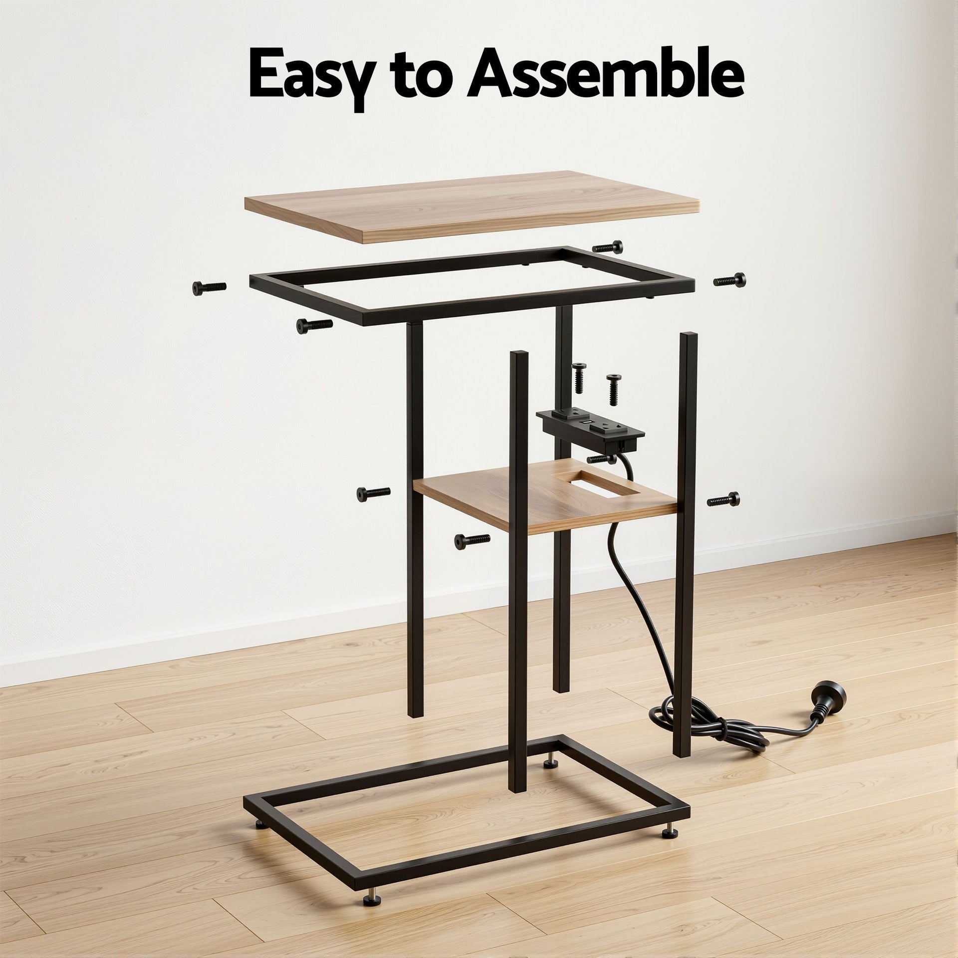Artiss C-Shaped End Table Charging Station 2-Tier Side Coffee Table Bedside Wood Artiss