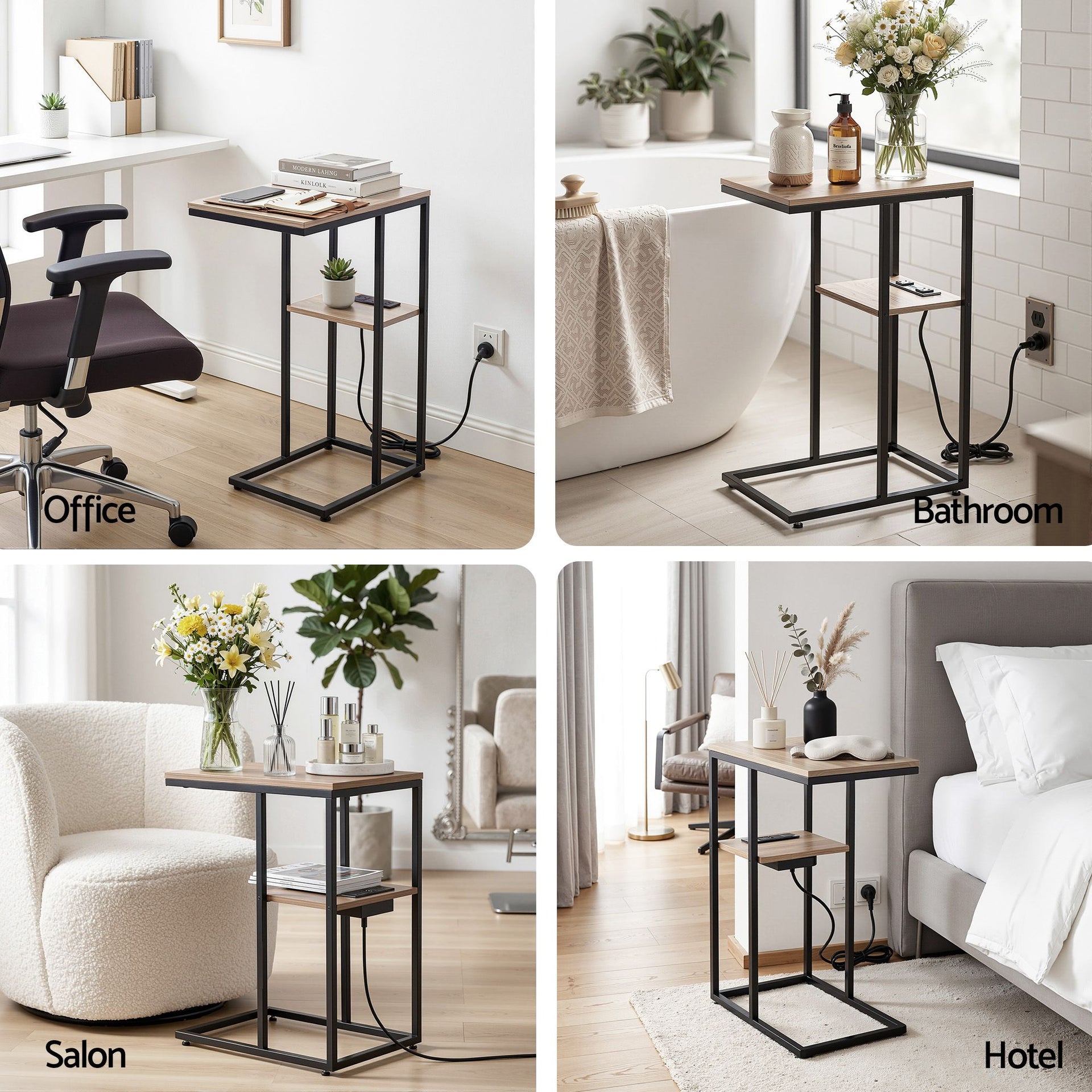 Artiss C-Shaped End Table Charging Station 2-Tier Side Coffee Table Bedside Wood Artiss
