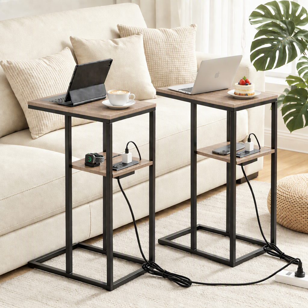 Artiss C-Shaped End Table Set Of 2 Charging Station 2-Tier Side Coffee Table Bedside Wood Awezingly