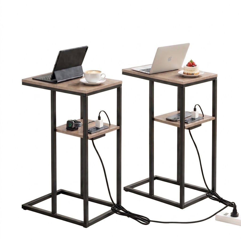 Artiss C-Shaped End Table Set Of 2 Charging Station 2-Tier Side Coffee Table Bedside Wood Awezingly