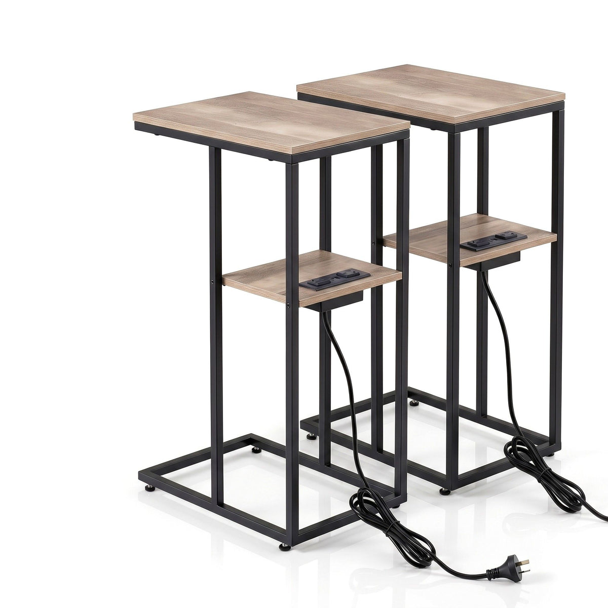 Artiss C-Shaped End Table Set Of 2 Charging Station 2-Tier Side Coffee Table Bedside Wood Awezingly