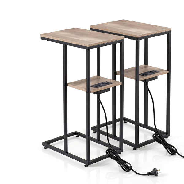 Artiss C-Shaped End Table Set Of 2 Charging Station 2-Tier Side Coffee Table Bedside Wood Awezingly