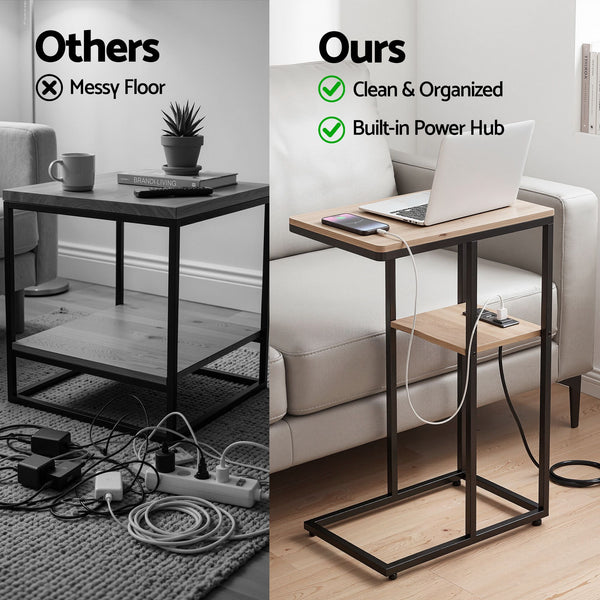 Artiss C-Shaped End Table Set Of 2 Charging Station 2-Tier Side Coffee Table Bedside Wood Awezingly