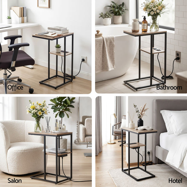 Artiss C-Shaped End Table Set Of 2 Charging Station 2-Tier Side Coffee Table Bedside Wood Awezingly
