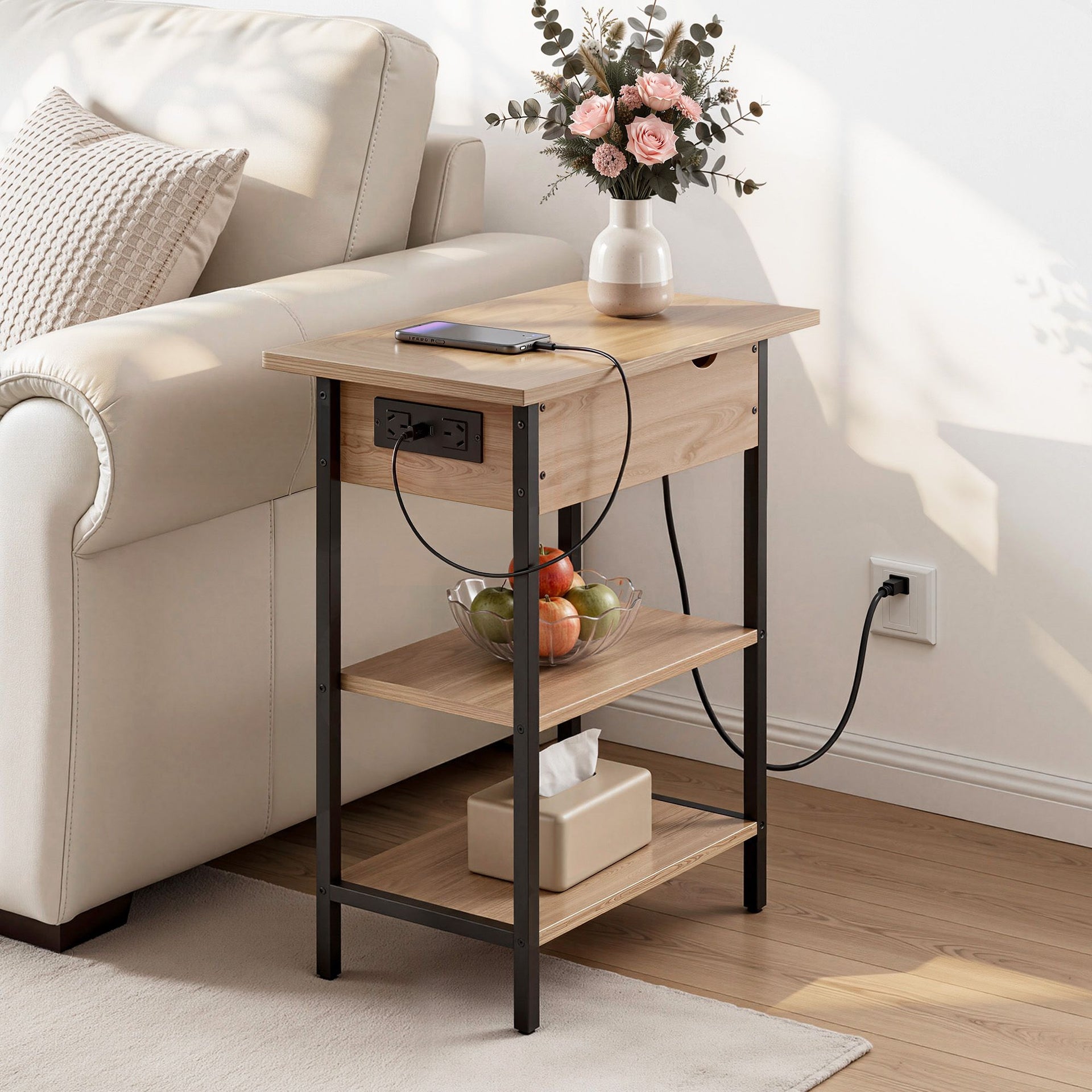 Artiss Coffee Table Side Bedside End Table Charging Station Flip-Top Storage 60cm Wood Artiss
