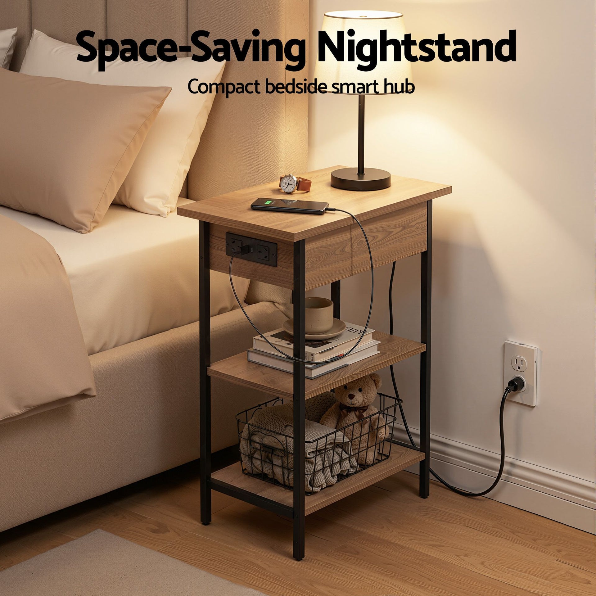 Artiss Coffee Table Side Bedside End Table Charging Station Flip-Top Storage 60cm Wood Artiss