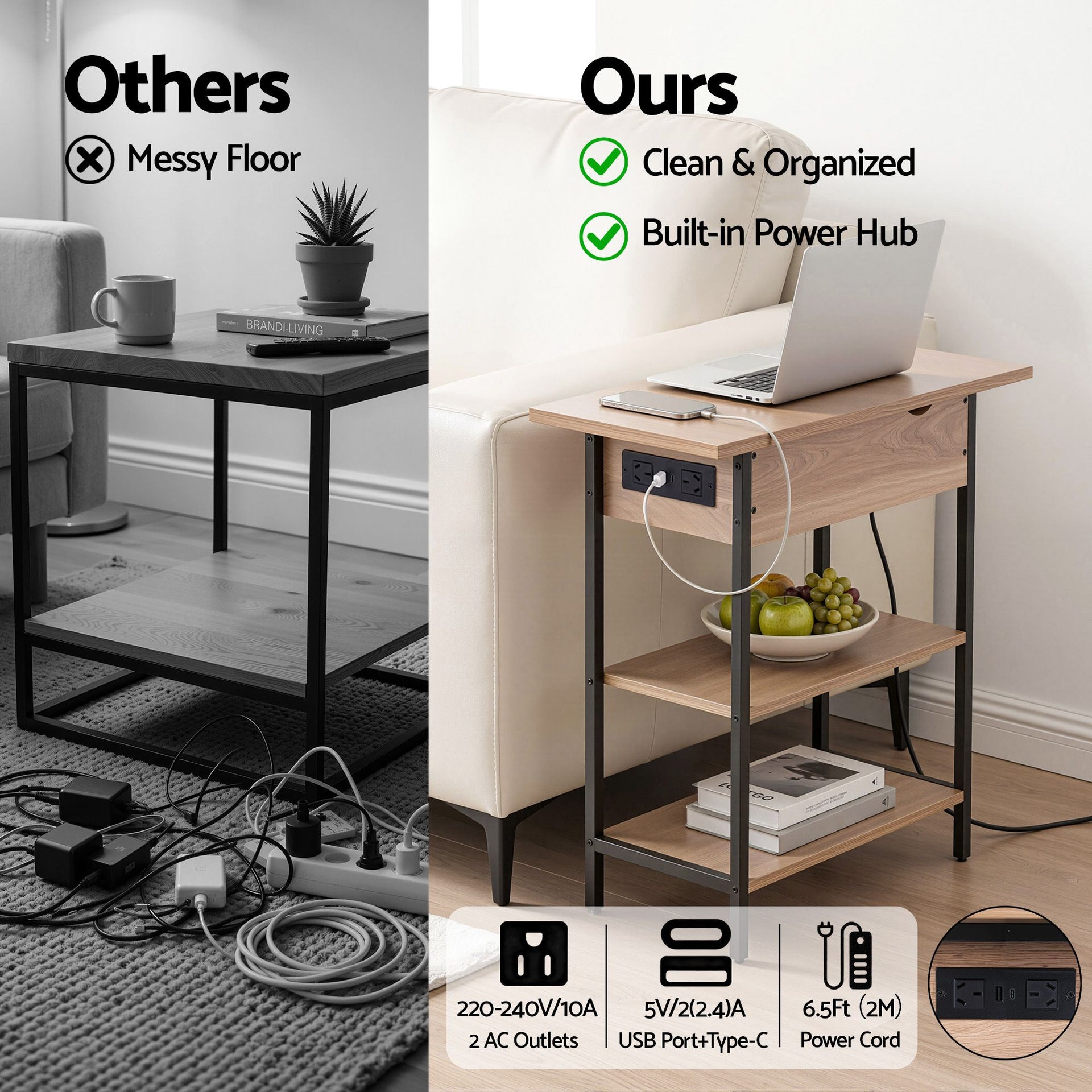 Artiss Coffee Table Side Bedside End Table Charging Station Flip-Top Storage 60cm Wood Artiss