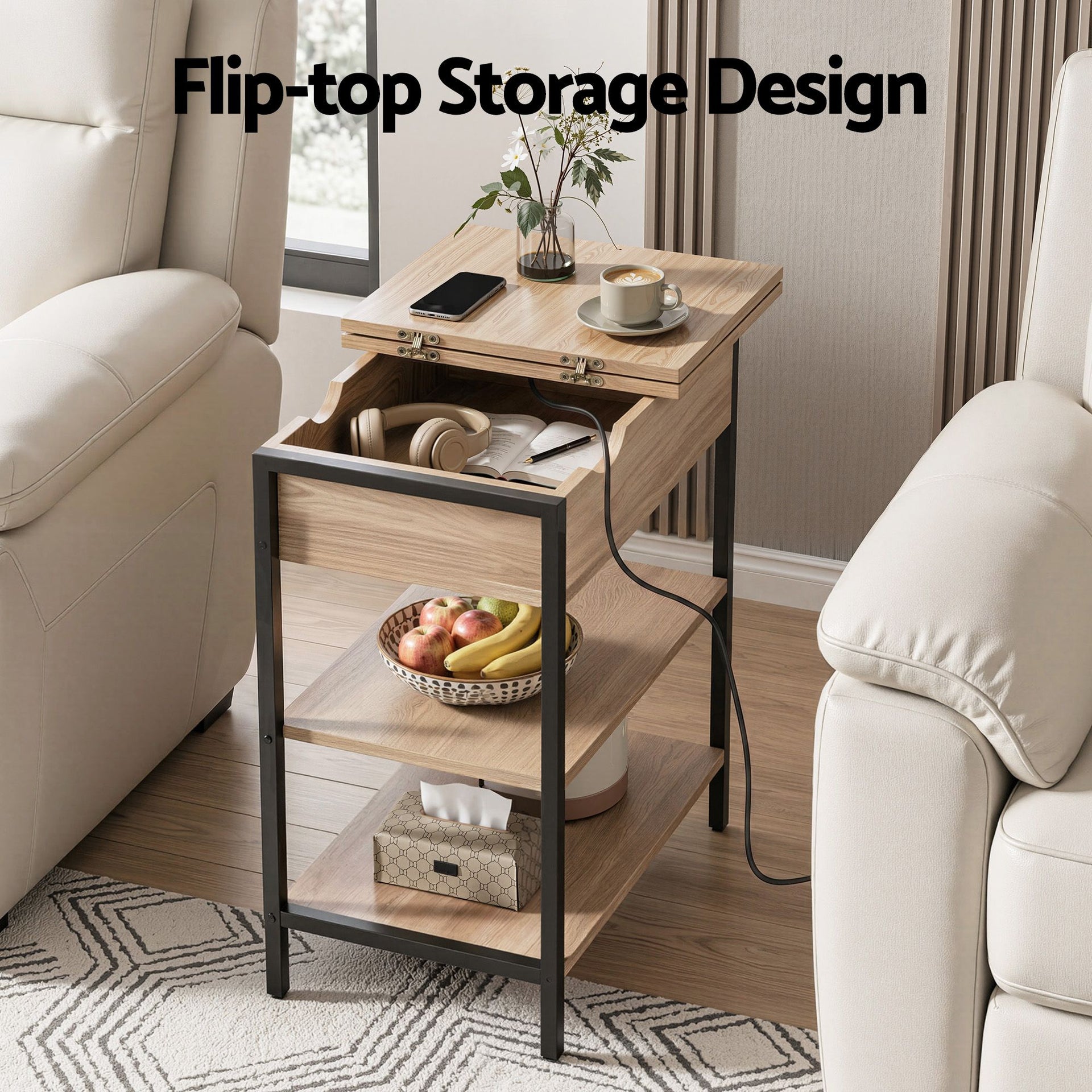 Artiss Coffee Table Side Bedside End Table Charging Station Flip-Top Storage 60cm Wood Artiss