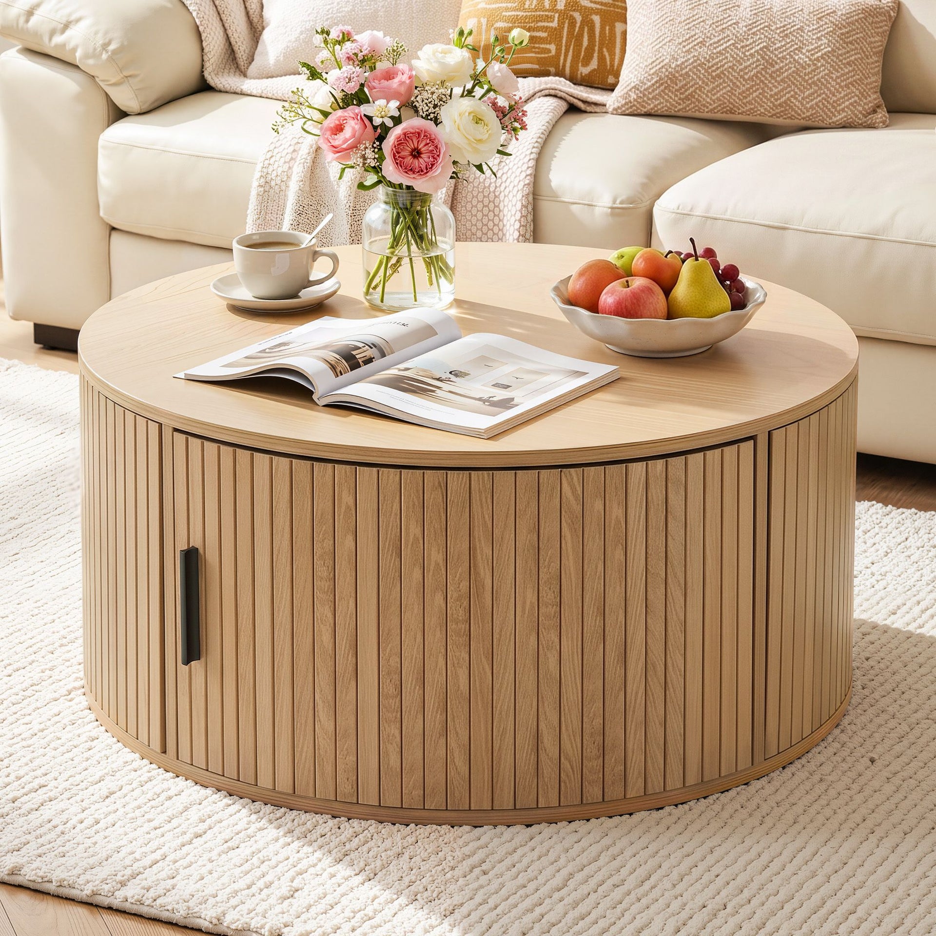 Artiss Round Coffee Table Storage Fluted Center Table Living Room Office 80cm Wood Awezingly