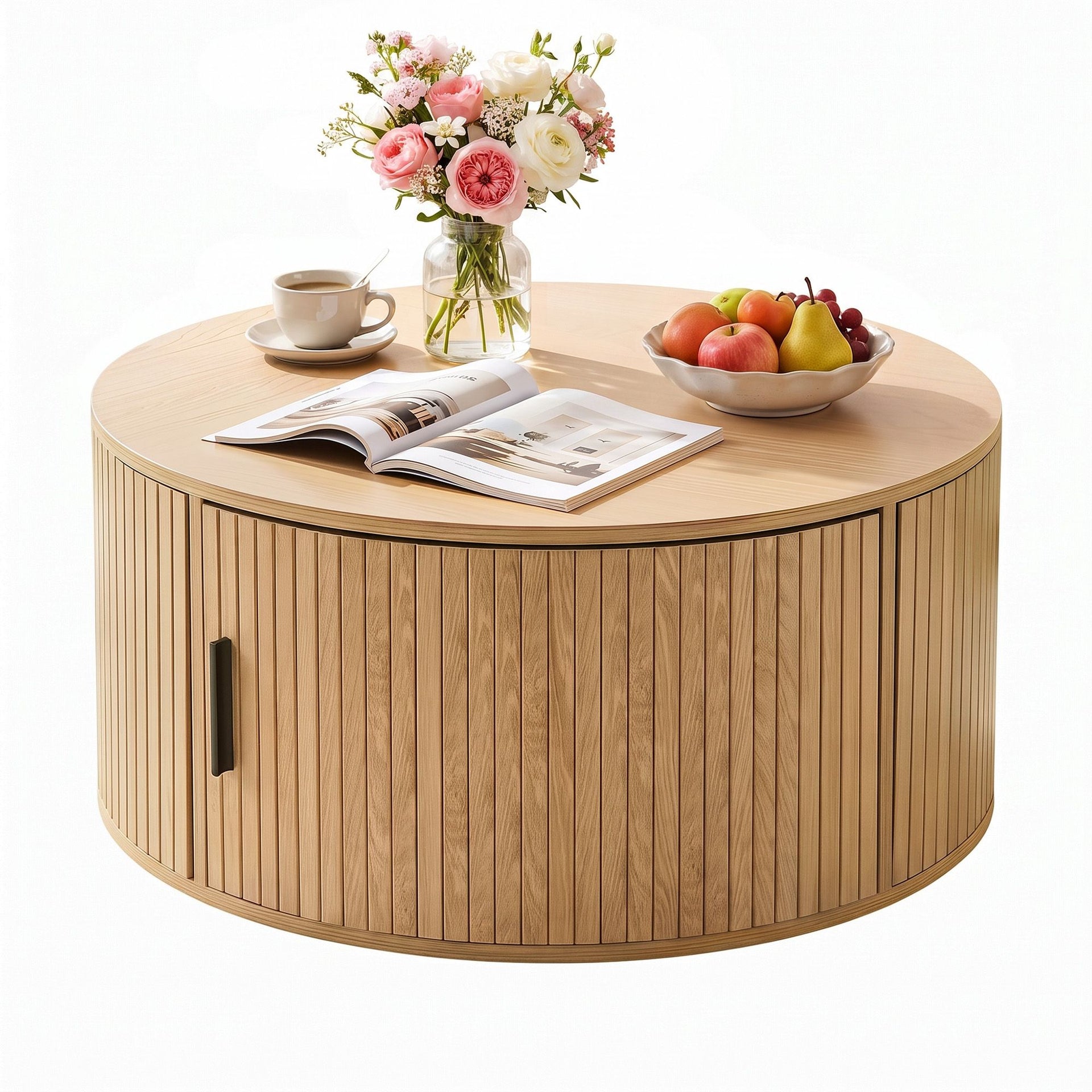 Artiss Round Coffee Table Storage Fluted Center Table Living Room Office 80cm Wood Awezingly