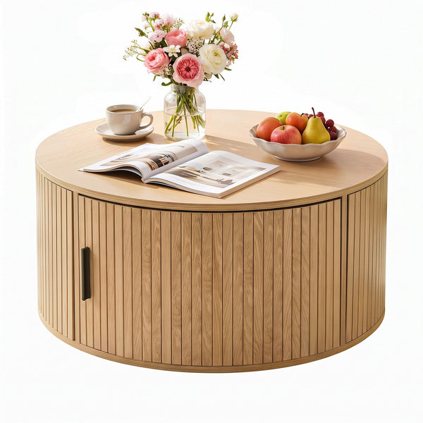 Artiss Round Coffee Table Storage Fluted Center Table Living Room Office 80cm Wood Awezingly