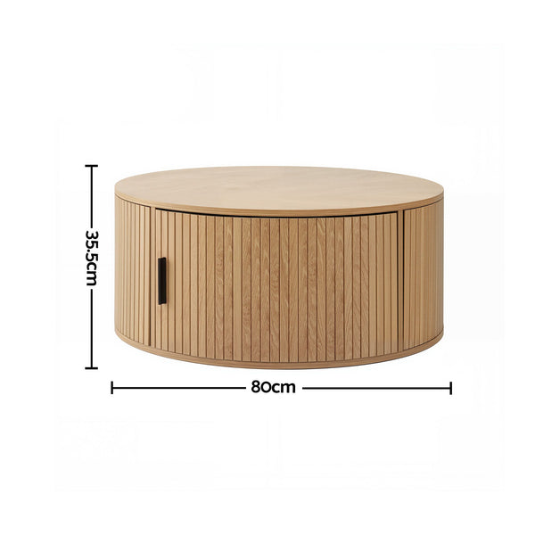 Artiss Round Coffee Table Storage Fluted Center Table Living Room Office 80cm Wood Awezingly